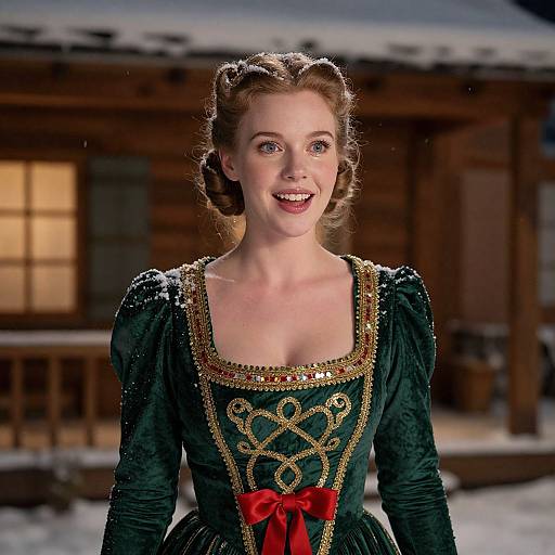 Photograph of a smiling young woman with fair skin and red hair, wearing a green, ornate, Victorian-style dress with gold embroidery and a red