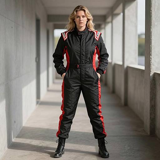 Woman in Black and Red Racing Suit