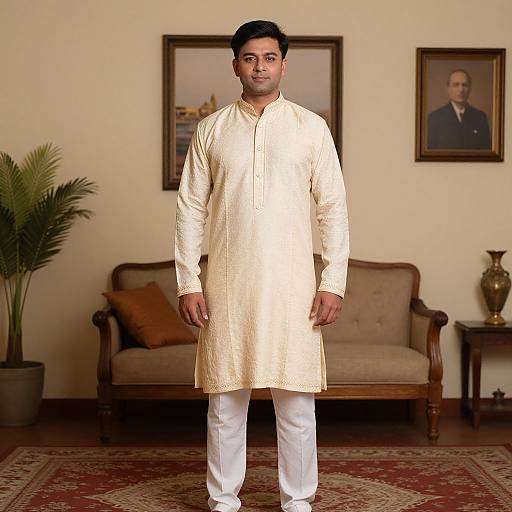 Photograph of a South Asian man in a cream traditional kurta and white pants, standing in a warmly lit, furnished room with framed portraits on the