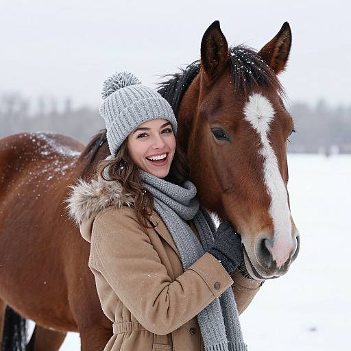 Photograph of smiling woman with curly brown hair, wearing beige coat, gray scarf, and white knit hat, hugging brown horse with white blaze in