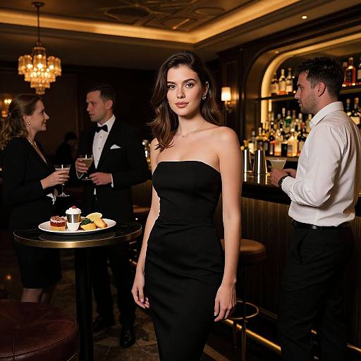 Photograph of a stylish woman in a strapless black dress standing in a dimly lit, elegant bar with three other formally dressed people. Warm lighting