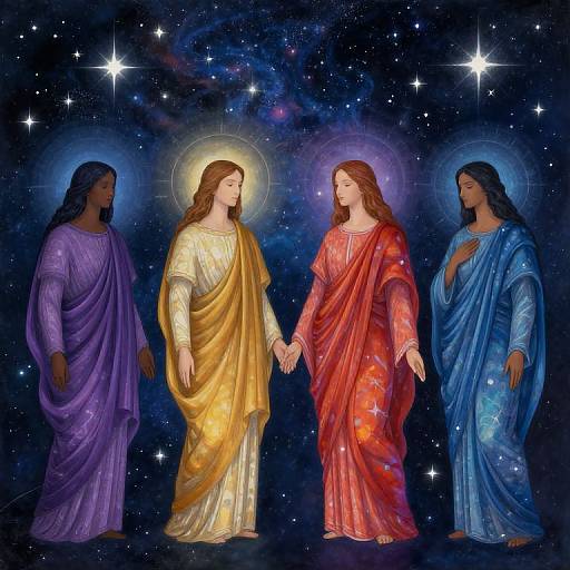 Digital painting of four haloed, long-haired religious figures in yellow, red, purple, and blue robes, holding hands against a starry, cosmic