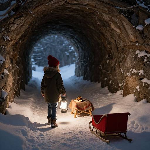 Child Exploring Snowy Tunnel with Lantern