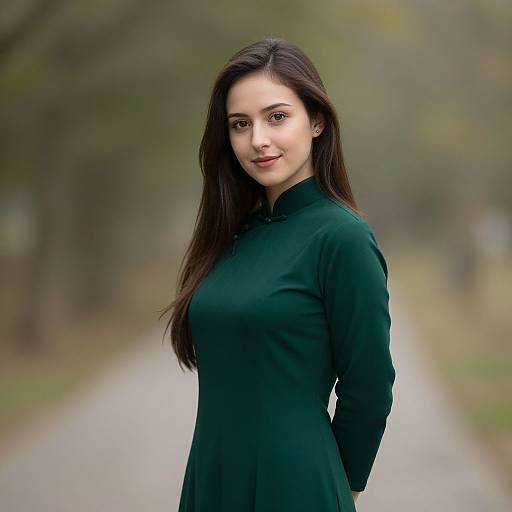 Realistic Girl in Dark Green Dress