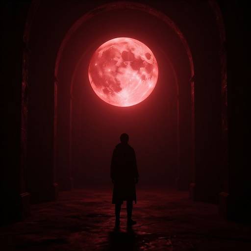 Silhouetted figure stands beneath a glowing, red, full moon in a dark, arched, stone chamber; eerie, surreal atmosphere.