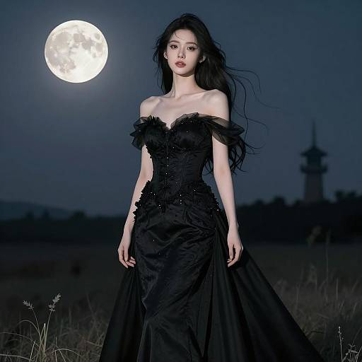 Woman in Elegant Black Gown Under Full Moon