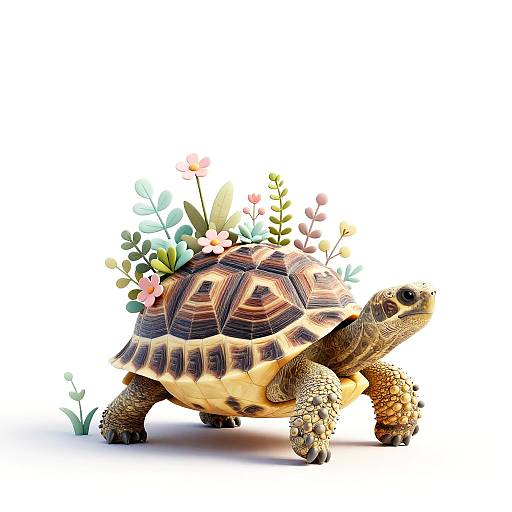 Photograph of a detailed, colorful, ceramic turtle with a patterned shell adorned with small flowers and green leaves, standing on a white background.