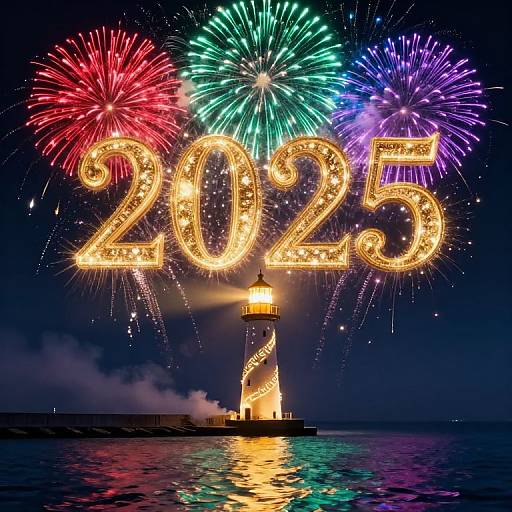 Photograph of bright fireworks in red, green, and purple, bursting behind illuminated 