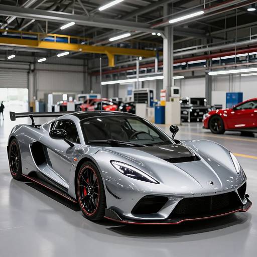 Photograph of a sleek, silver Lamborghini Huracán with black accents and red rims, parked in a modern, well-lit garage with industrial