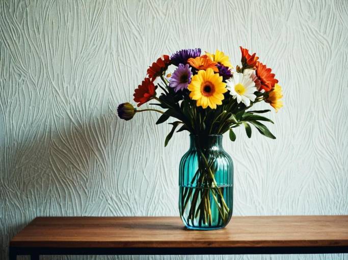 Colorful flowers in blue vase on wooden table