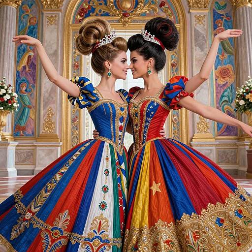 Photograph of two elegant women in colorful, ornate ball gowns with gold embroidery, tiaras, and updos, facing each other in an