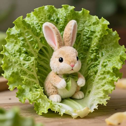 Photograph of an adorable, realistic toy bunny with light brown fur and black eyes, sitting in a green, crinkled lettuce leaf, wearing a
