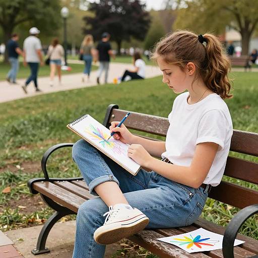Photograph of a young girl with brown hair in a ponytail, wearing a white t-shirt and blue jeans, drawing on a tablet while sitting on