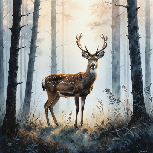 Serene Deer in Misty Forest Scene