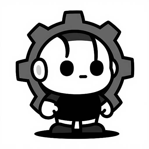 Chibi-style digital drawing of a white, black-outlined character with a large grey gear head, black body, and simple black limbs, standing against