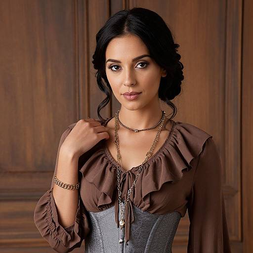 Photograph of a young woman with dark, wavy hair, brown eyes, and light olive skin, wearing a brown ruffled blouse, gray cor