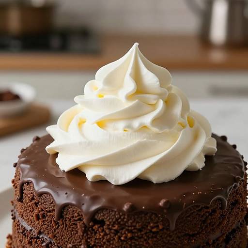 Close-up photograph of a chocolate cake with rich, dark chocolate frosting, topped with a generous swirl of creamy white whipped cream.