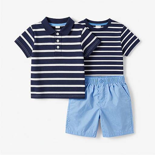 Photograph of a navy and white striped short-sleeve polo shirt paired with light blue, elastic-waist shorts, laid flat on white background