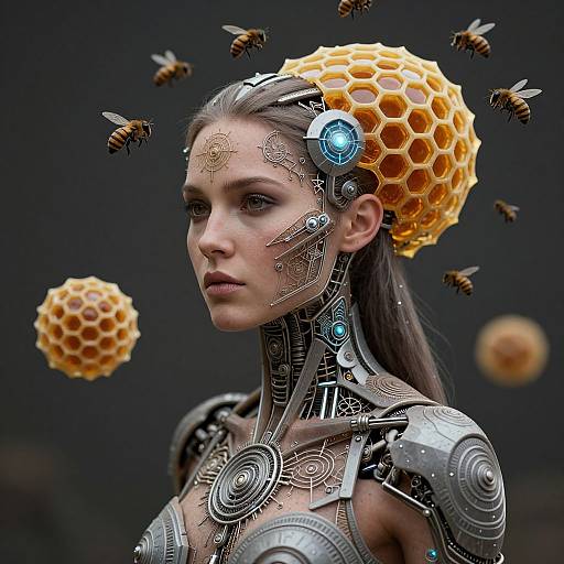Cyberpunk woman with honeycomb helmet, metallic armor, and glowing blue tech, surrounded by floating bees against a dark background. CGI art.
