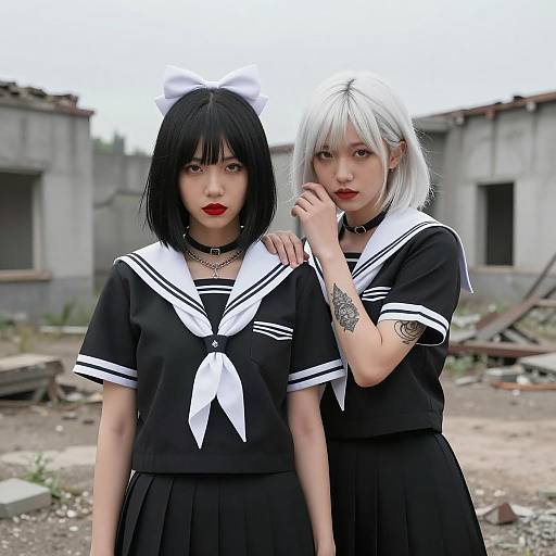 Dynamic Duo in Sailor-Style Uniforms