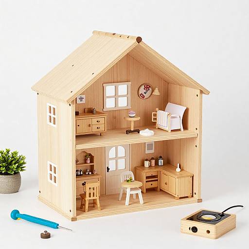 Photograph of a wooden two-story dollhouse with furniture, including a bed, table, chairs, and potted plant, surrounded by assembly tools.