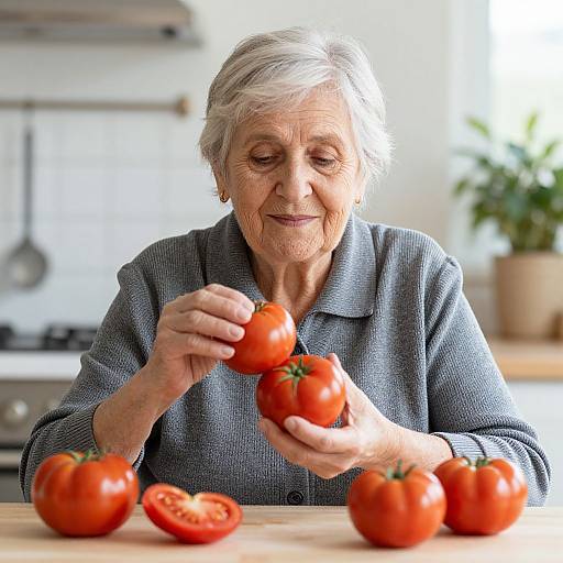 Photograph of elderly woman with short gray hair, wearing gray checkered shirt, holding and inspecting ripe red tomatoes on wooden kitchen table.