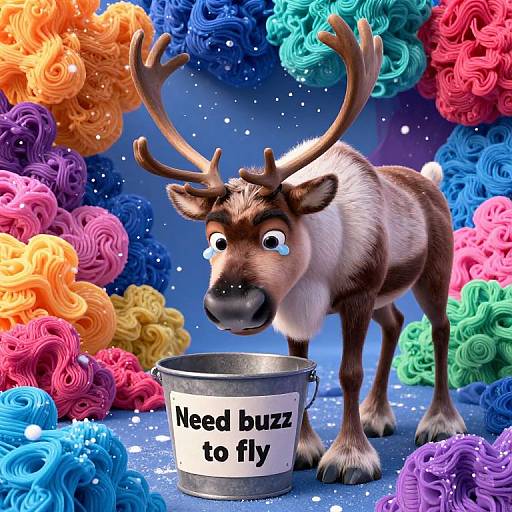 Photorealistic digital art of a cute reindeer with large antlers, looking surprised at a bucket labeled 