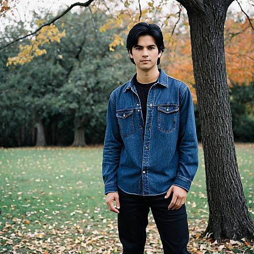 Young Man in Denim Shirt Outdoors
