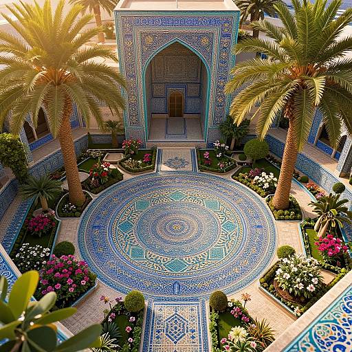 Photograph of a sunlit, intricate blue and white mosaic courtyard with two tall palm trees, surrounded by vibrant flower beds and ornate tiled walls.