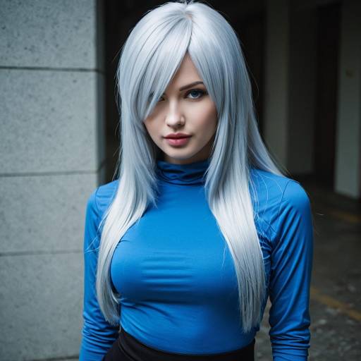 Woman in Silver Hair Blue Top Cosplay
