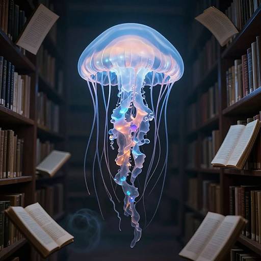 Photorealistic CGI of a glowing blue and purple jellyfish floating in a dimly lit library aisle with open books on shelves.