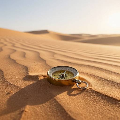 Photograph of a brass compass with a metal ring, lying on sunlit, rippled sand dunes under a clear blue sky.