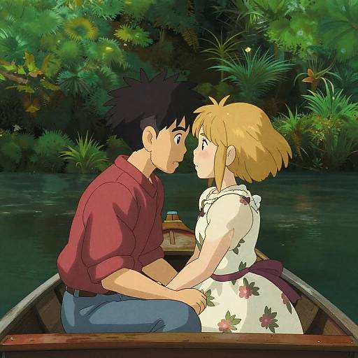 Romantic Scene on Rowboat in Lush River