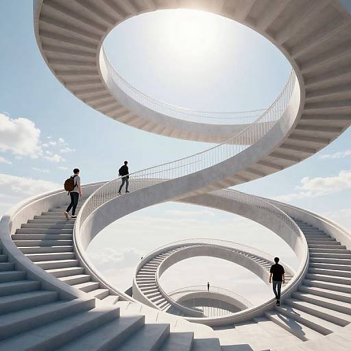 Photograph of three people ascending a massive, spiraling concrete staircase against a bright blue sky. Sunlight illuminates the white, curved structure, casting