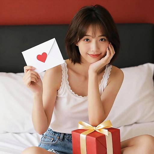 Asian woman with short black hair, wearing white lace tank top and denim shorts, smiling, holding love letter, sitting on bed with red gift box.
