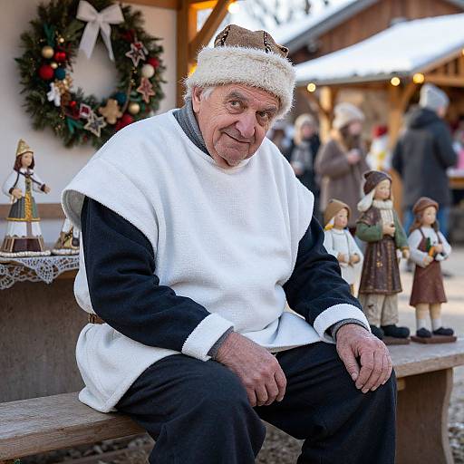 Photograph of an elderly man in a white and black medieval-style robe, sitting on a wooden bench, wearing a woolen hat, surrounded by Christmas