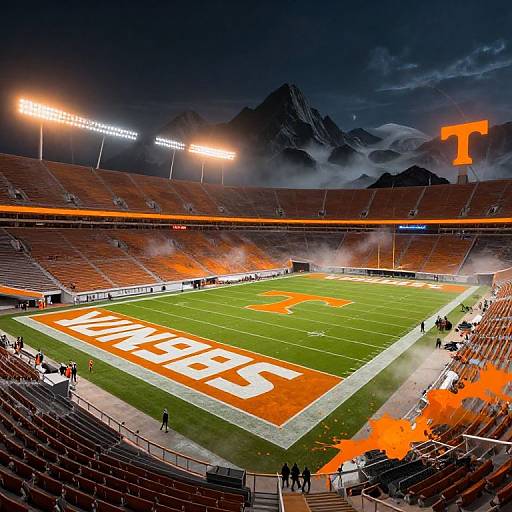Photograph of a dimly lit, empty stadium at night with bright orange 