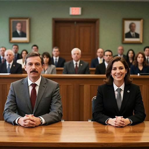 Dynamic Courtroom Scene with Smiling Trio