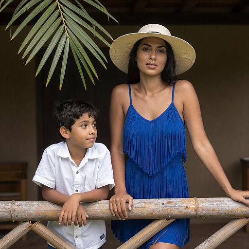 Woman and Boy Leaning on Bamboo Railing