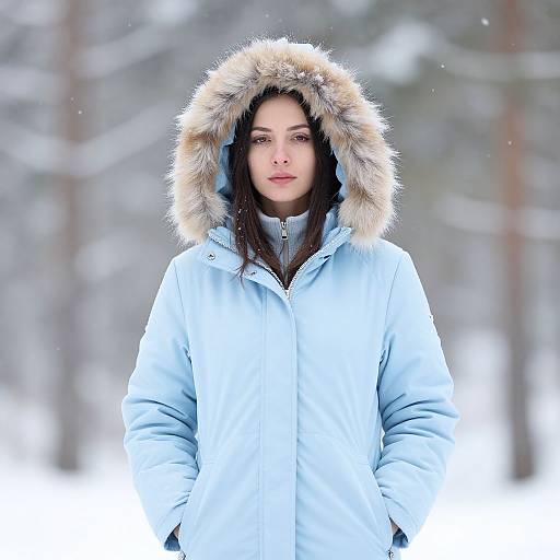 Photograph of a young woman with light skin and dark hair, wearing a light blue winter coat with a furry hood, standing in a snowy forest.