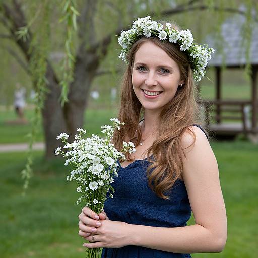 Photograph of a smiling young woman with fair skin and long brown hair, wearing a white flower crown and navy dress, holding white wildflowers in a