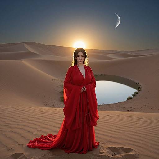 Digital artwork: A woman with dark hair in a red, flowing gown stands in a desert at sunset, with a crescent moon and water pool in