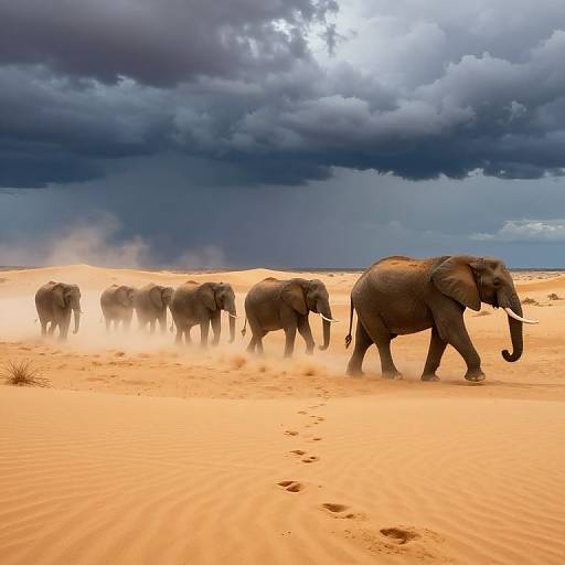 Photograph of a herd of elephants walking through a golden desert, with dark, stormy clouds overhead, kicking up sand.