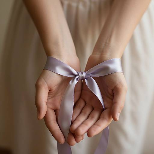 Photograph of a person's hands bound together with a silver satin ribbon, standing against a blurred white background.