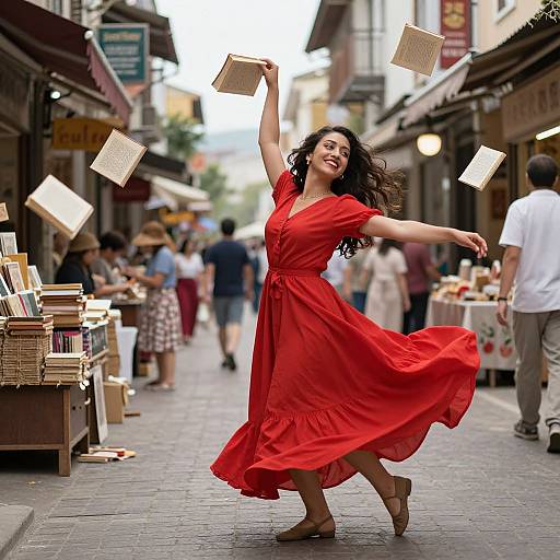 Photograph of a smiling woman in a flowing red dress, mid-dance, throwing books in a bustling, cobblestone street market.
