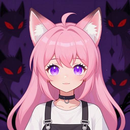 Anime-style digital drawing of a pink-haired girl with cat ears, purple eyes, white shirt, black choker, and overalls; dark, shadow