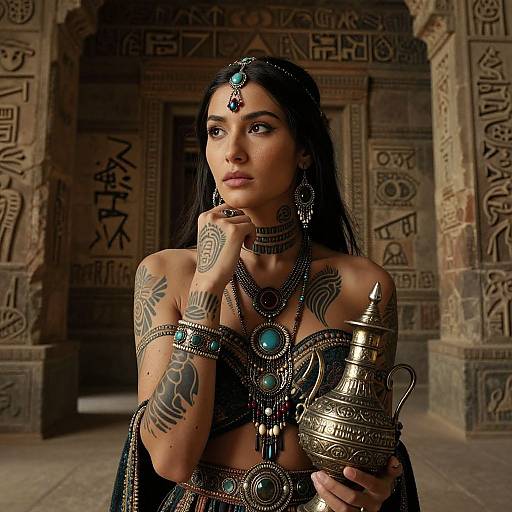 Photograph-style digital artwork of a tattooed, dark-haired woman in ancient Egyptian attire, adorned with jewelry, standing in an ornately carved stone temple
