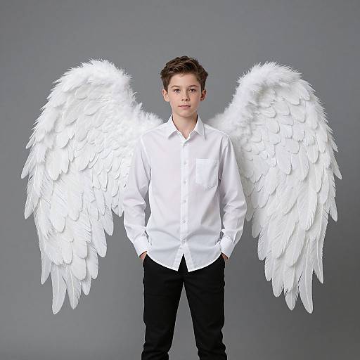 Young boy with short brown hair, white wings, white shirt, black pants, standing against gray background, hands in pockets, looking forward. Photograph.