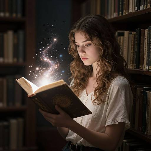 Photograph of a young woman with long, wavy brown hair, wearing a white blouse, reading a glowing, magical book in a dimly lit