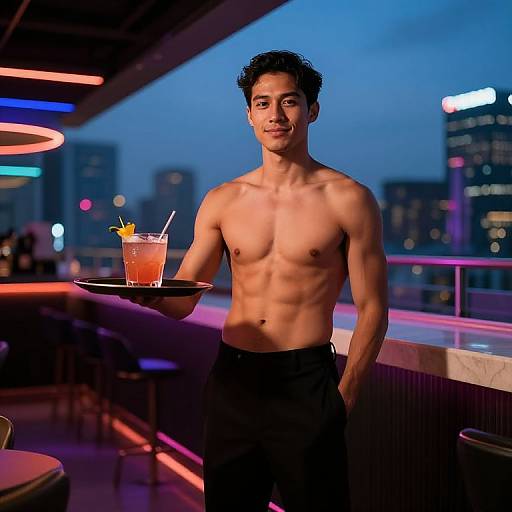 Muscular Waiter Serving Drinks Rooftop